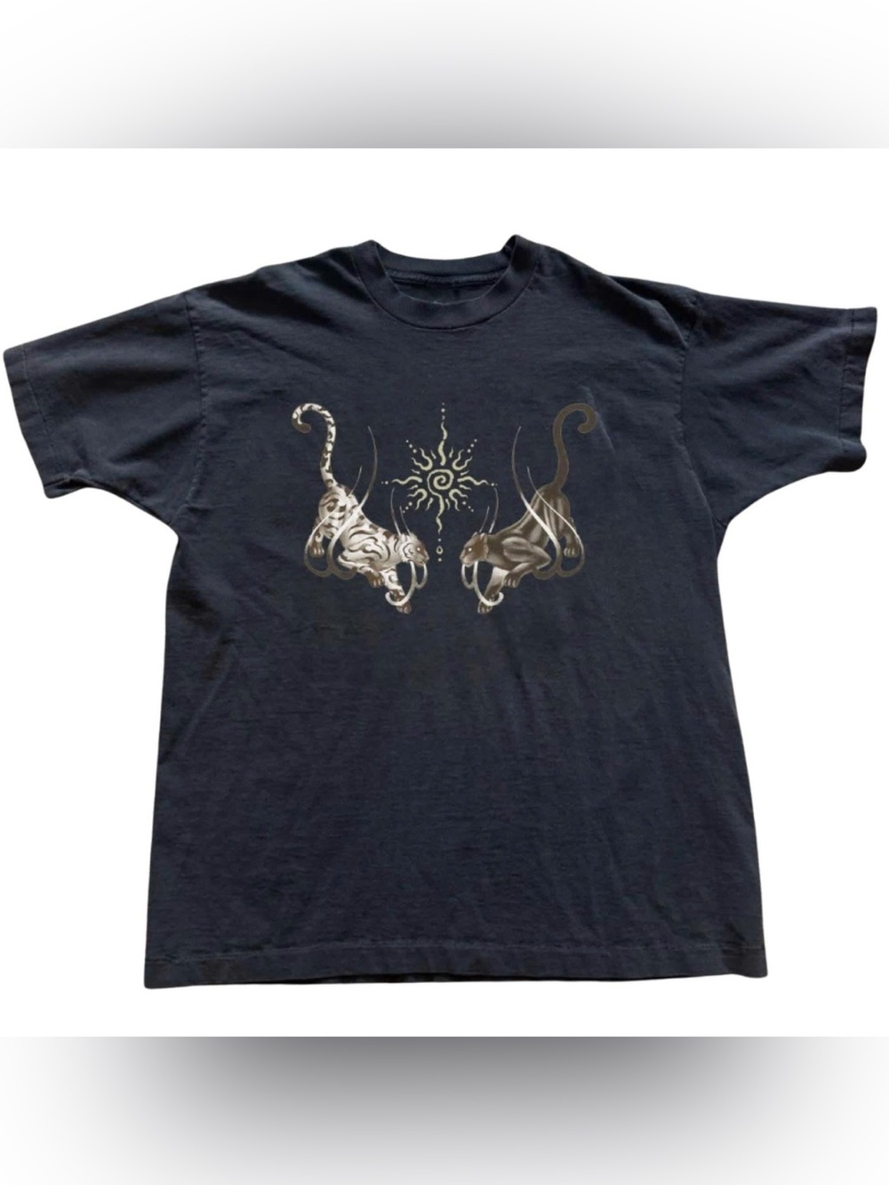 Retro Black Men’s Cat Duo Graphic Tee with Sun Motif
